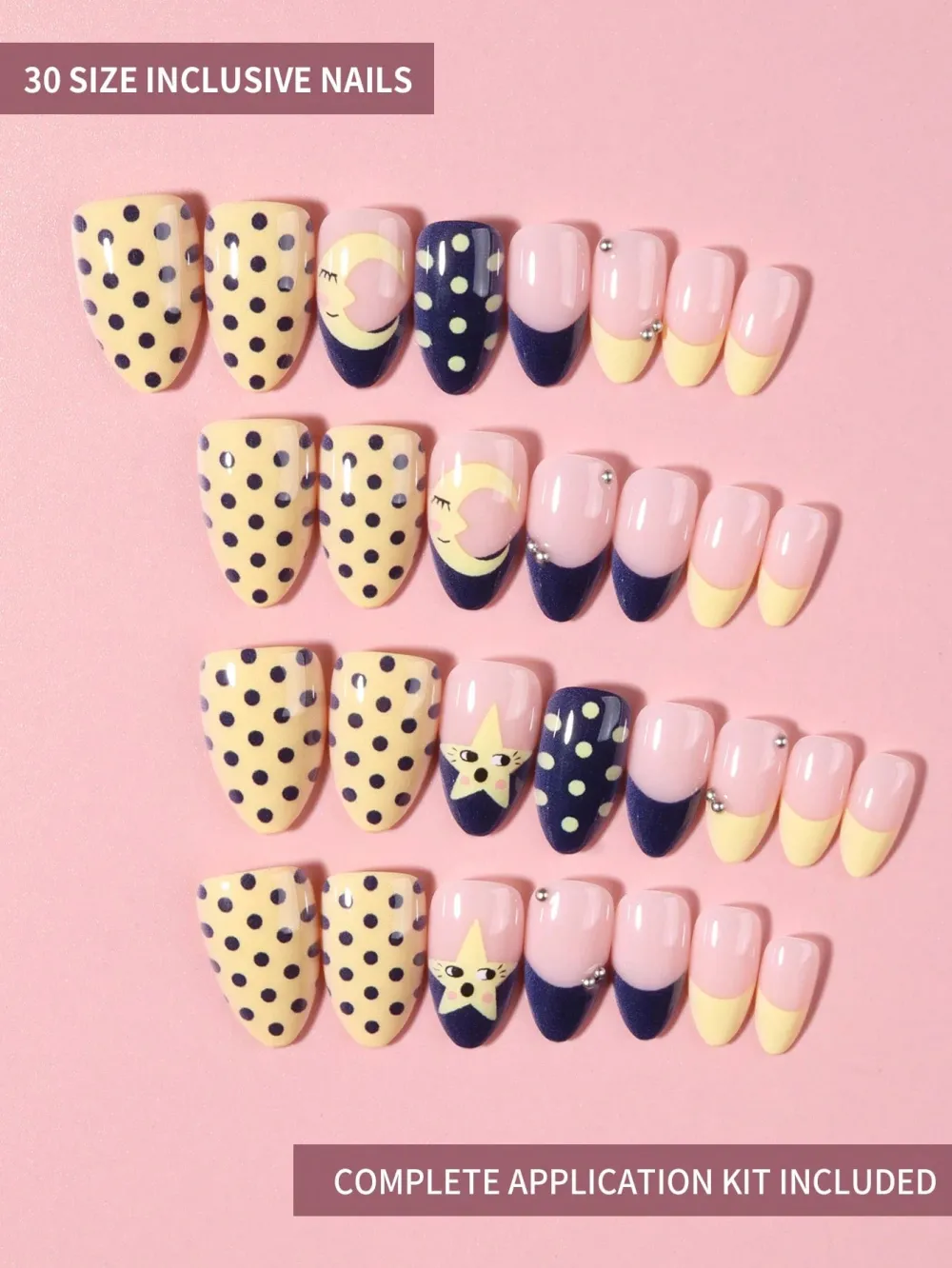 Nailhour 30Pcs Short Almond French Cute Polka Dot, Star, Moon Press On Nails