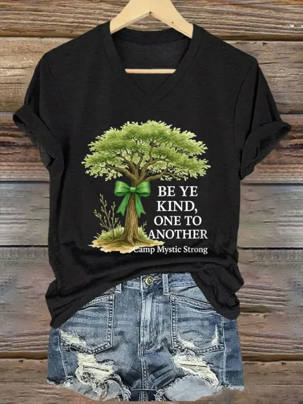 V-Neck Retro Texas Strong Green Bow Cross Print T-Shirt