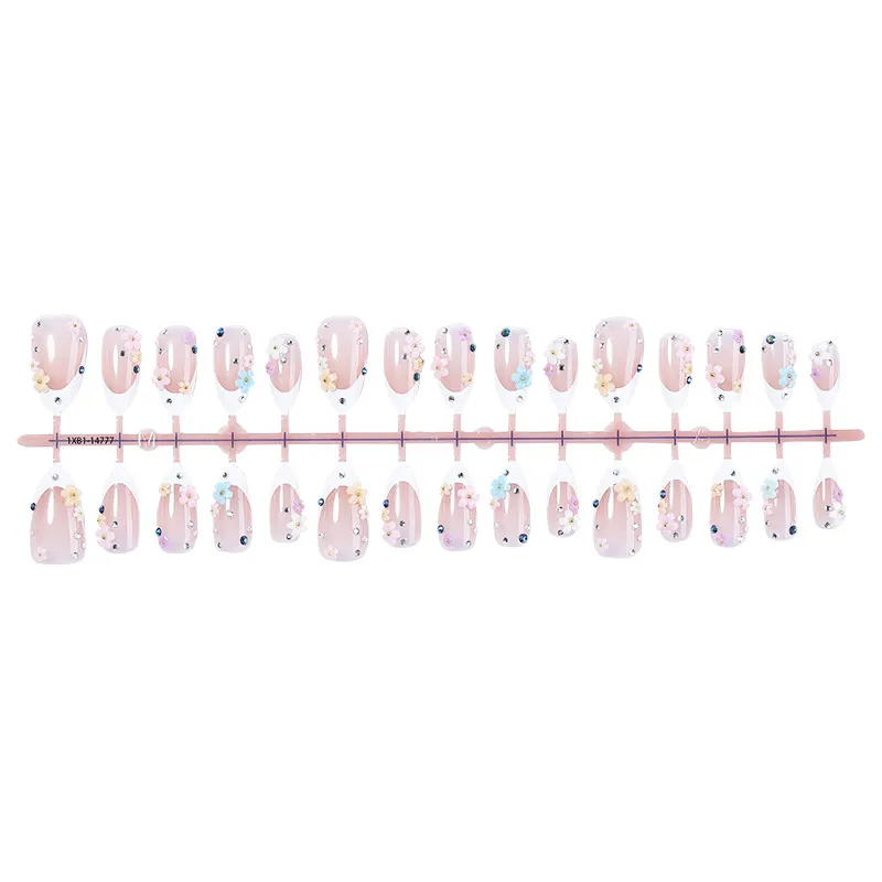 Nailhour 30Pcs French Floral Medium Almond Press On Nails