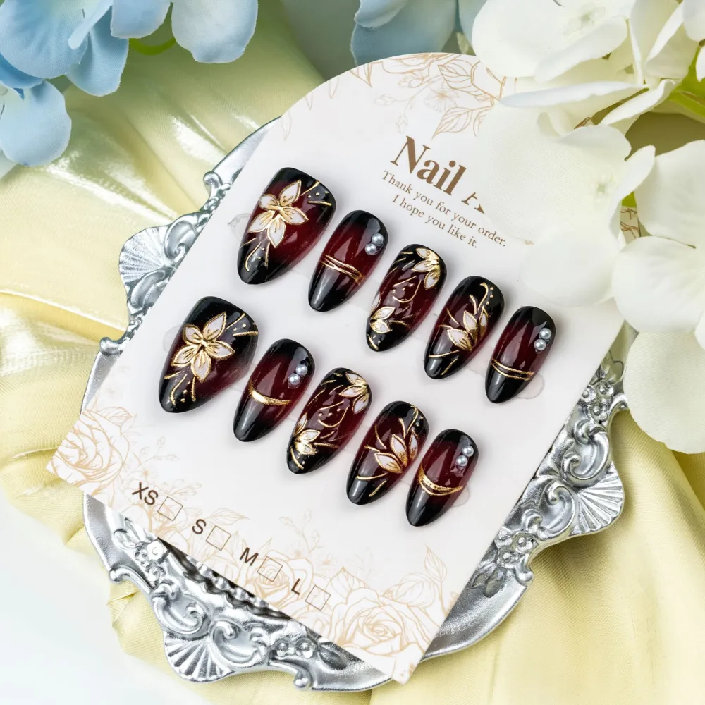 Nailhour 30Pcs 3D Pearl Medium Almond Gilded Press On Nails