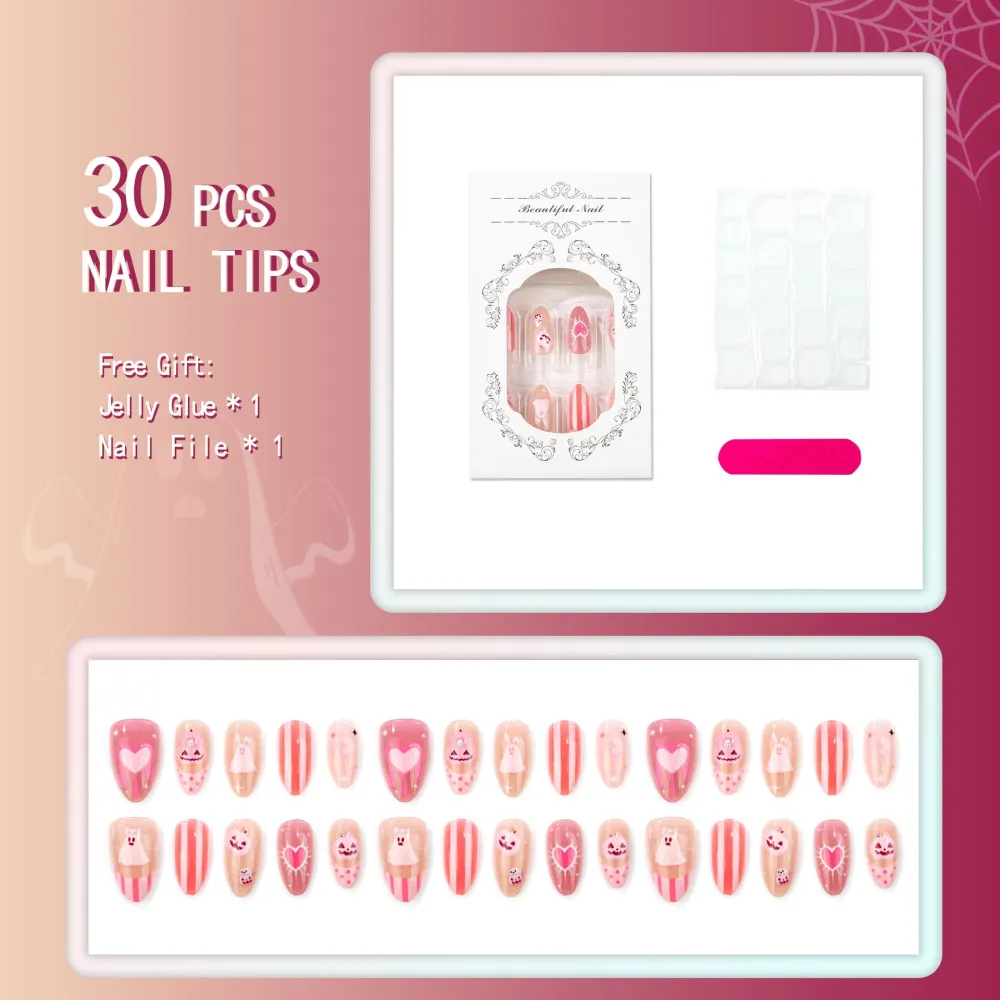 Nailhour 30Pcs Halloween Pink Medium Almond French Press On Nails