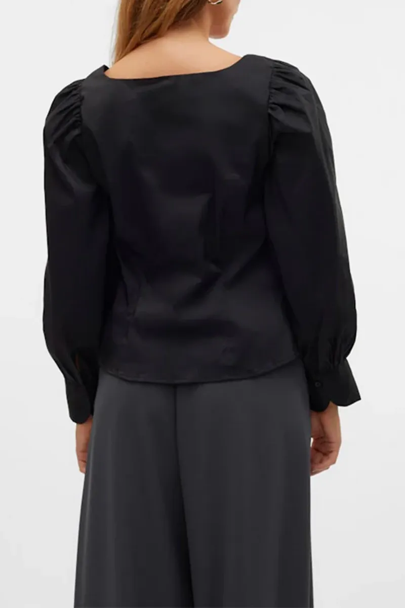 Puff Sleeve Square Neck Black Shirts