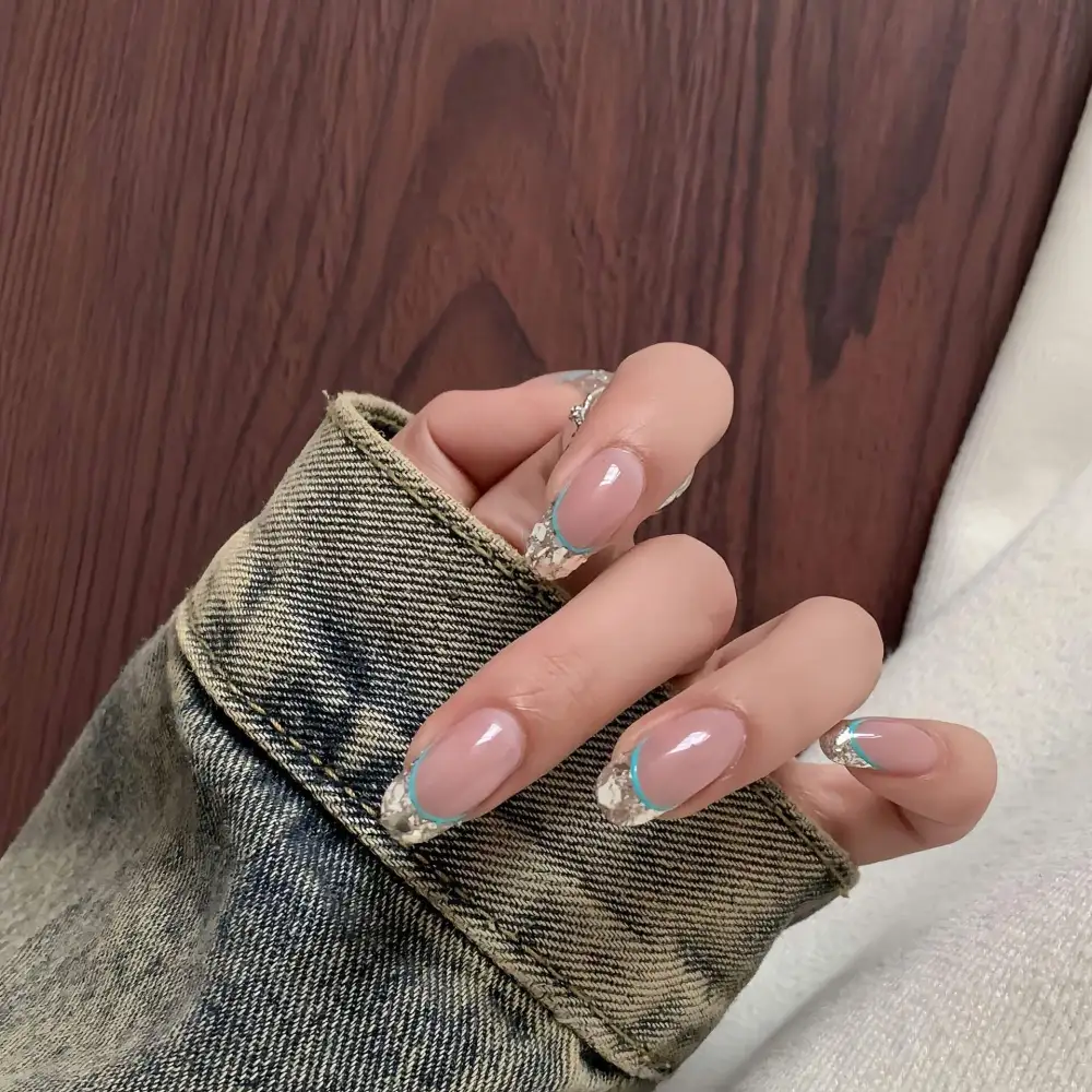 Nailhour 10Pcs Handmade French Glitter Rhinestone Medium Oval Press On Nails