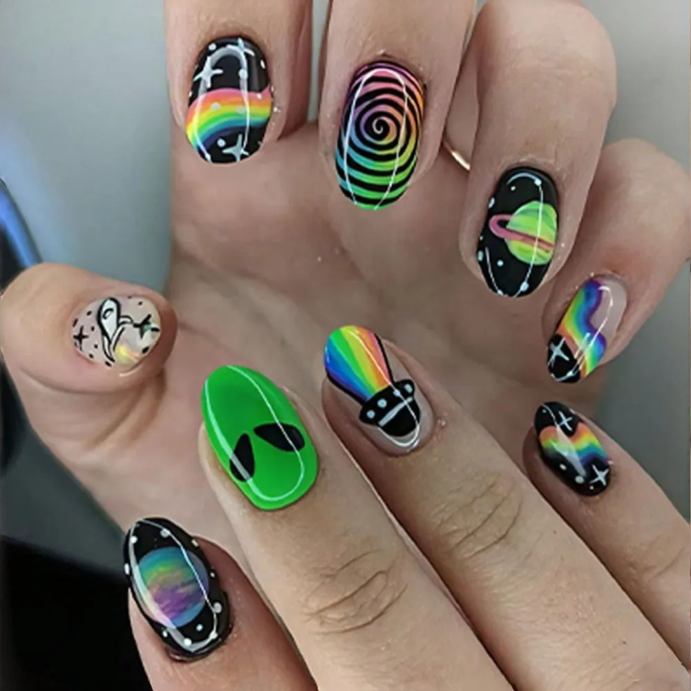 Nailhour 24Pcs Multicolor Y2K Party Short Oval Press On Nails