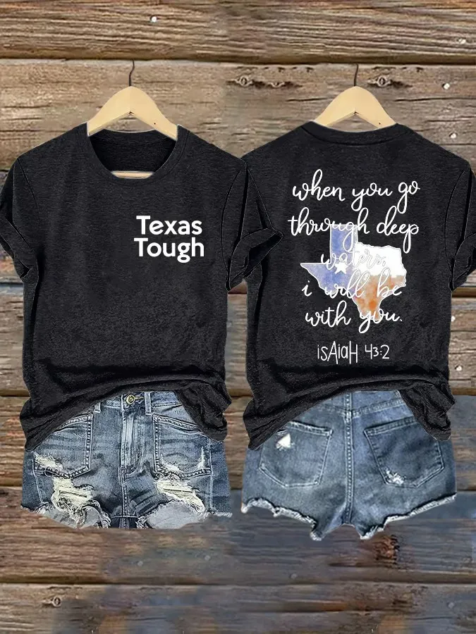 Retro Texas Tough Print Round Neck T-Shirt