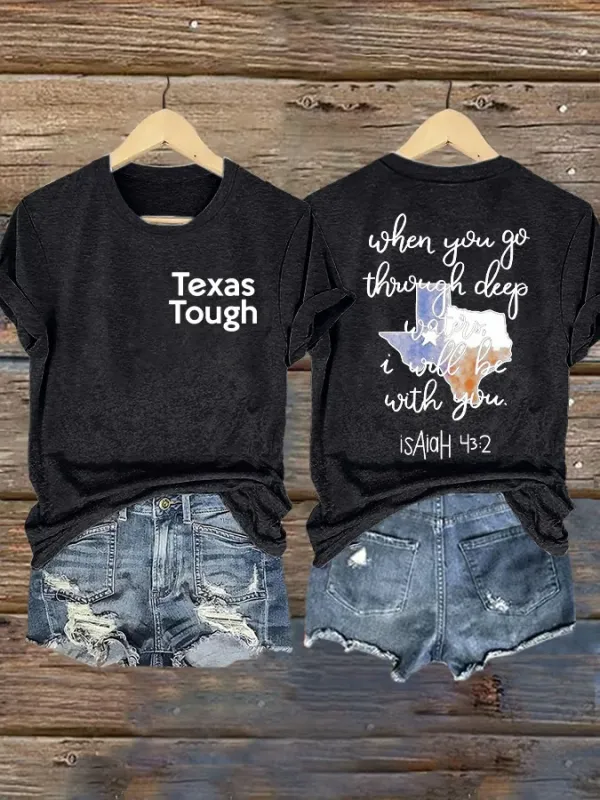 Retro Texas Tough Print Round Neck T-Shirt