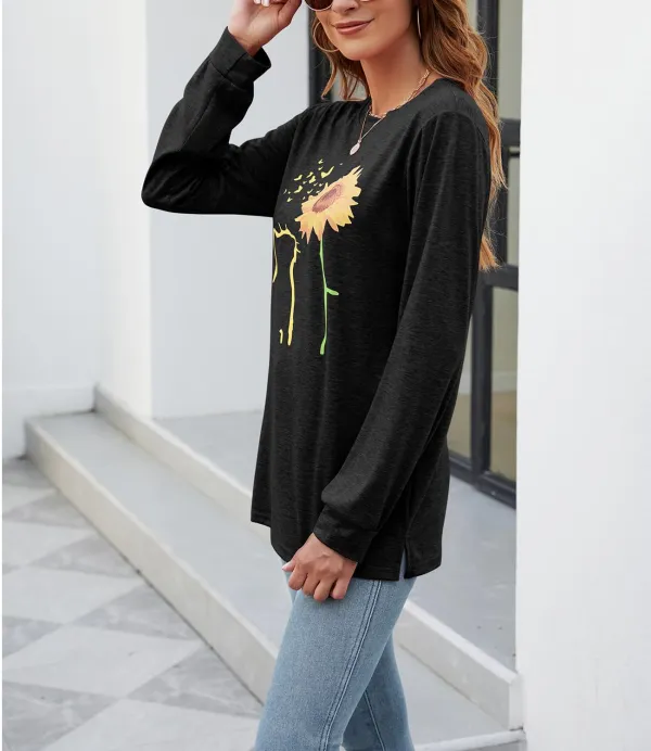 Cat And Sunflower Print Long Sleeve T-shirt