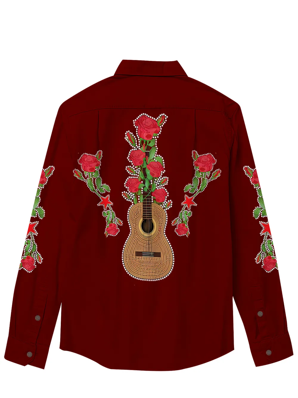 Vintage Guitar Rose Printed Hawaiian Shirt For Men Button-down Shirt Long Sleeve 100% Cotton Shirt