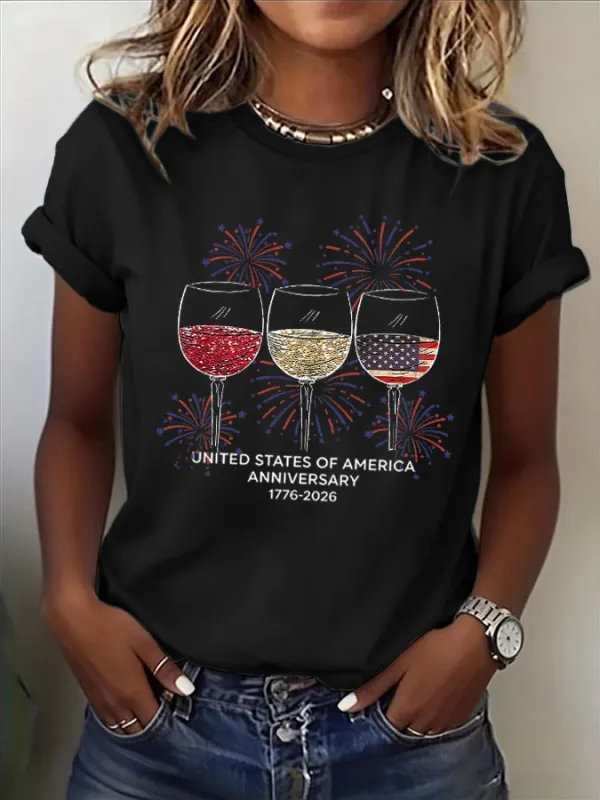 Women'S American Independence Day 250Th Anniversary Printed Round Neck Short Sleeve T-Shirt