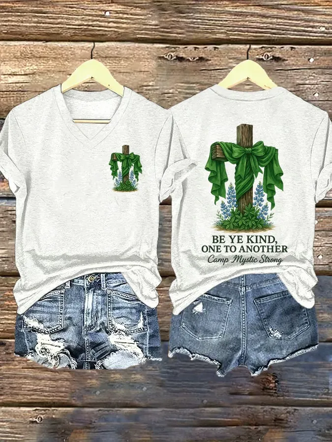 V Neck Retro Texas Strong Cross Print T-Shirt