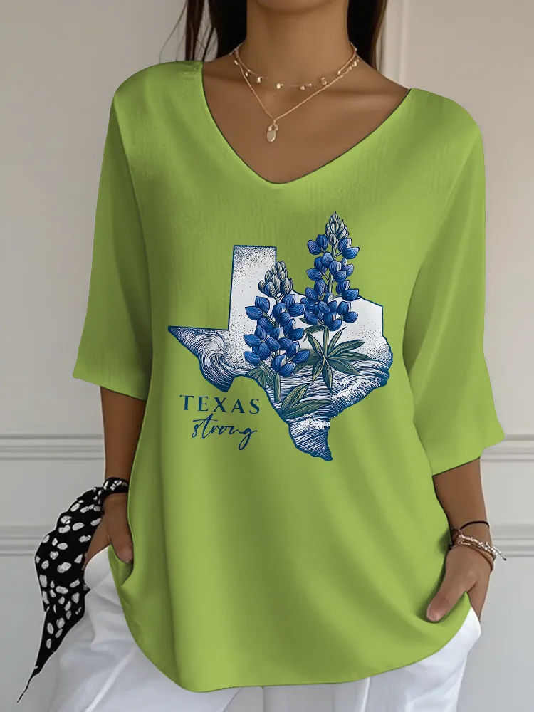 Ladies TEXAS STRONG  All-Match Loose And Slim V-Neck Shirt