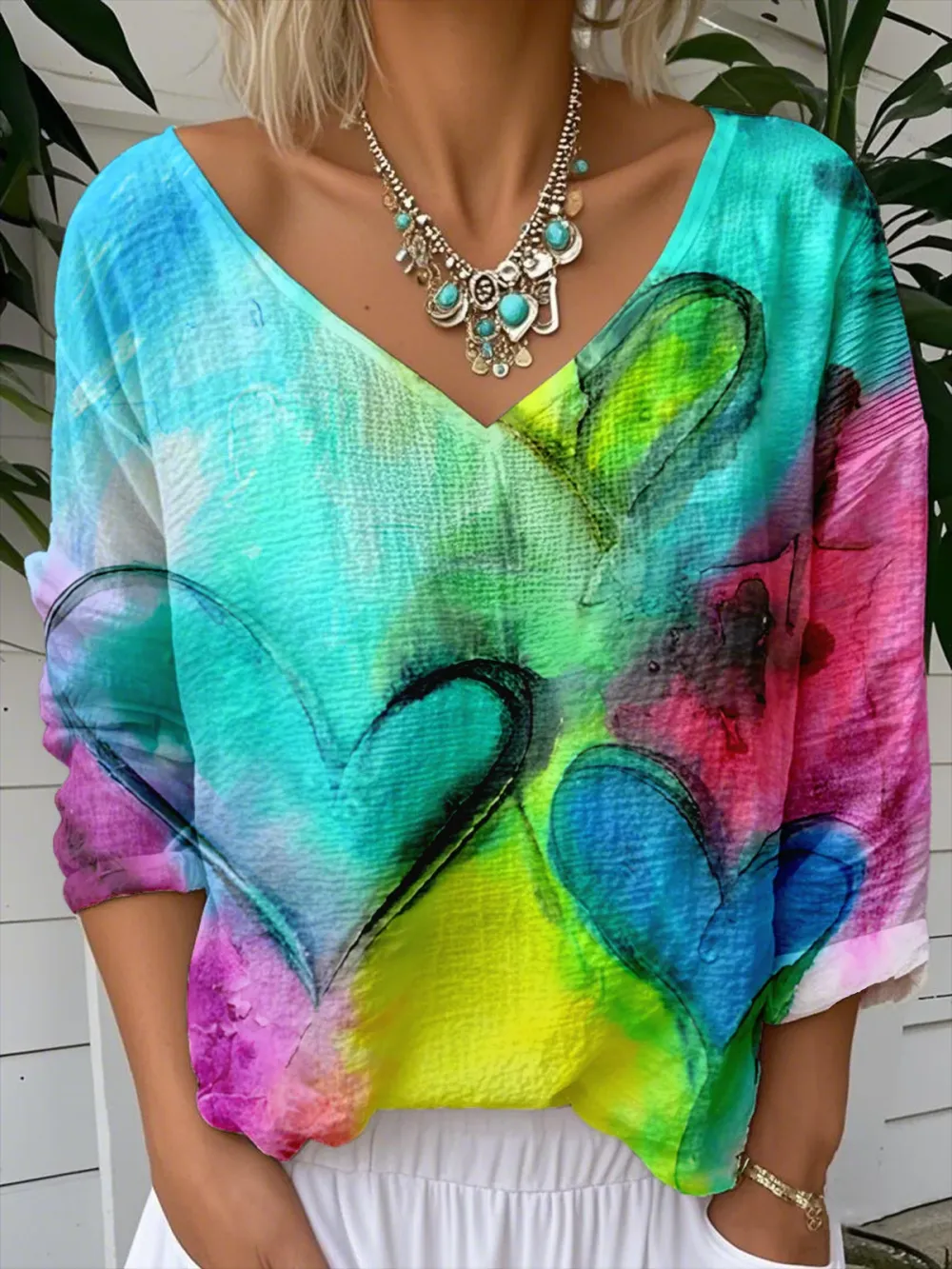 Women's Multicolored Heart-Printed Long-Sleeved Shirt