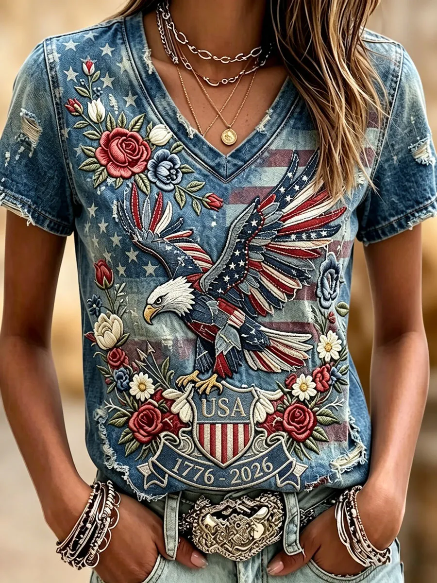 Women's Retro Independence Day Anniversary Floral Pattern Casual  Shirt