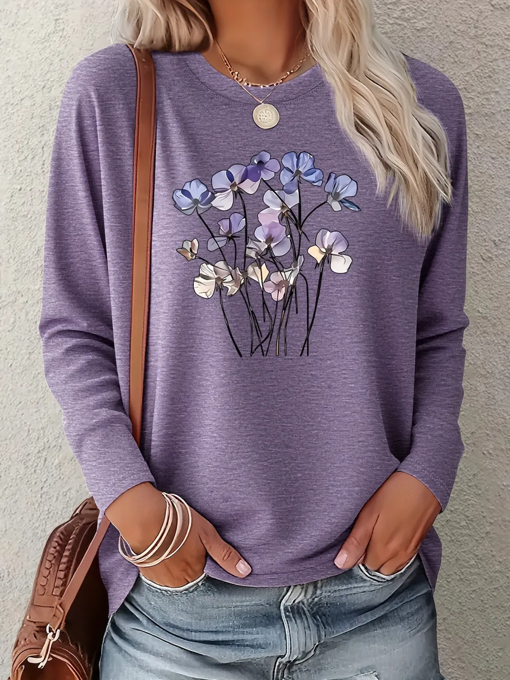 Purple Flowers Print Long Sleeve T-shirt