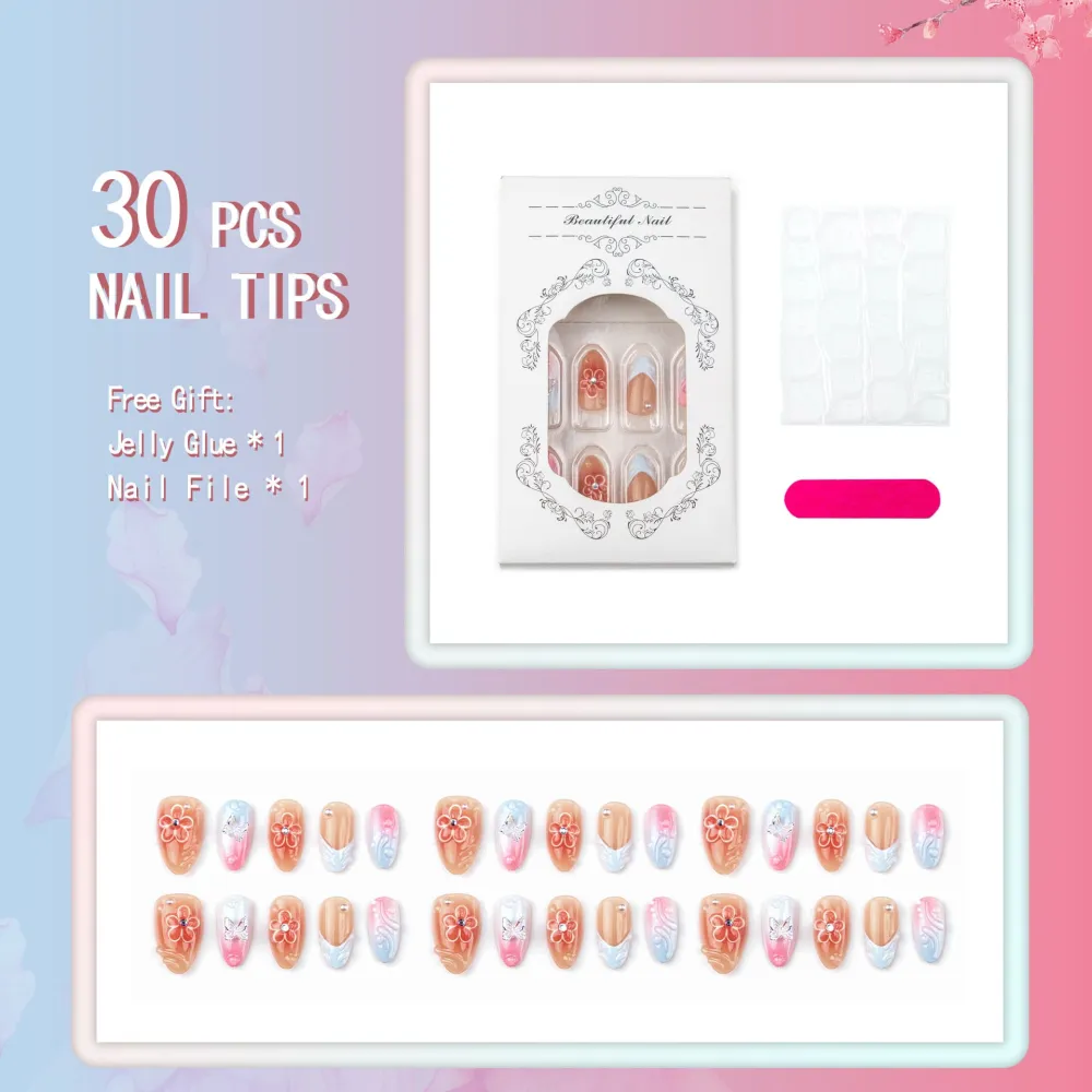 Nailhour 30Pcs Gradient 3D Medium Almond Rainbow French Press On Nails
