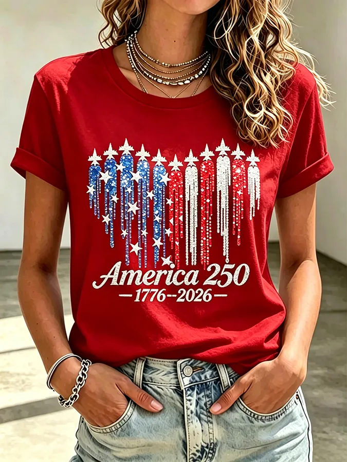 Ladies' Casual American 250Th Anniversary Commemorative Sequin Personalized Printed Round Neck Short Sleeved T-Shirt