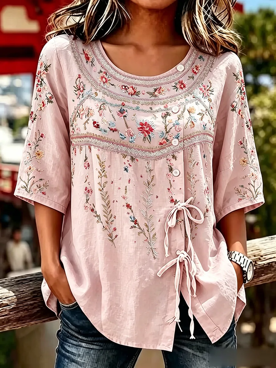 Women's  Floral Embroidered Tie Front 3/4 Sleeve Blouse