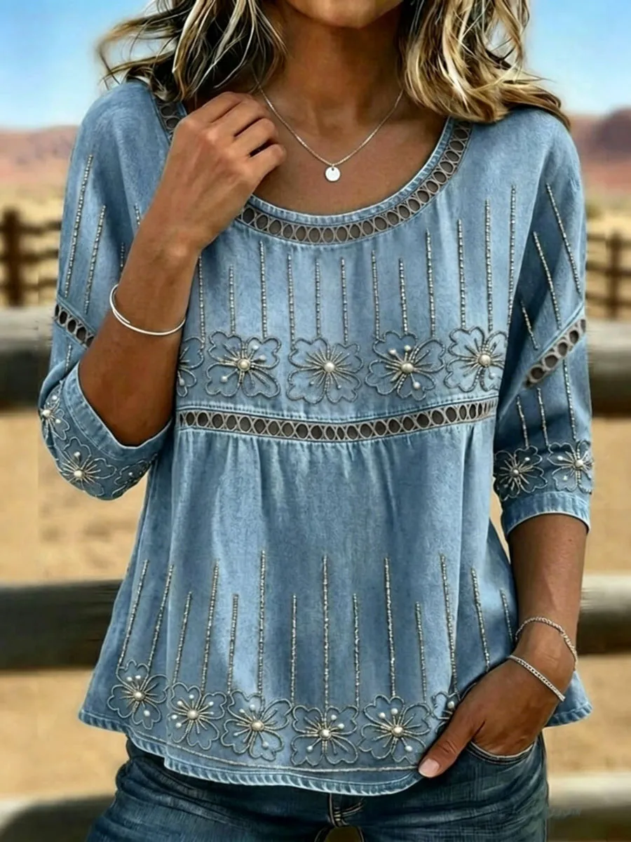 Vintage Floral Art Print Casual Sleeves Hollow Denim Shirt