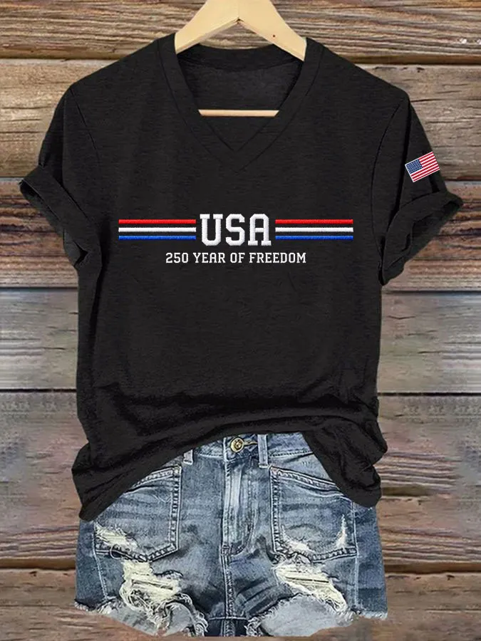 Women'S America Flag Print Casual V-Neck T-Shirt