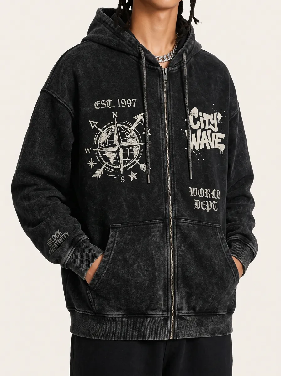 Men's City Wave Compass Graphic Acid Wash Printed Zip-up Hoodie