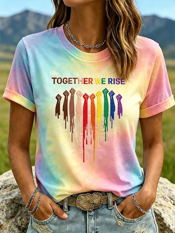 Women'S Together We Rise Rainbow Fist Print Tie Dye Casual T-Shirt