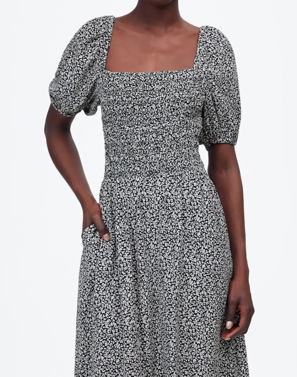 Smocked Puff-Sleeve Midi Dress In Floral