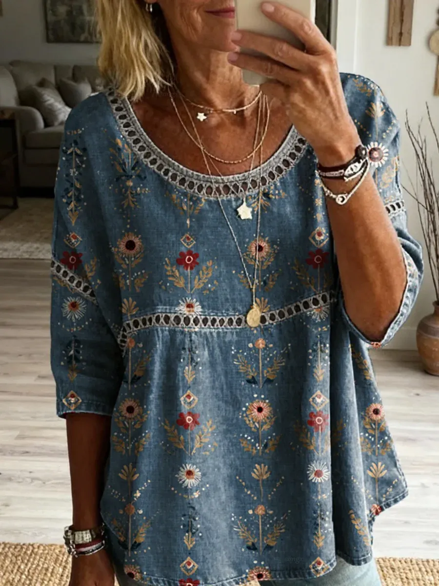 Women'S Casual Printed Cotton And Linen Hollow Top