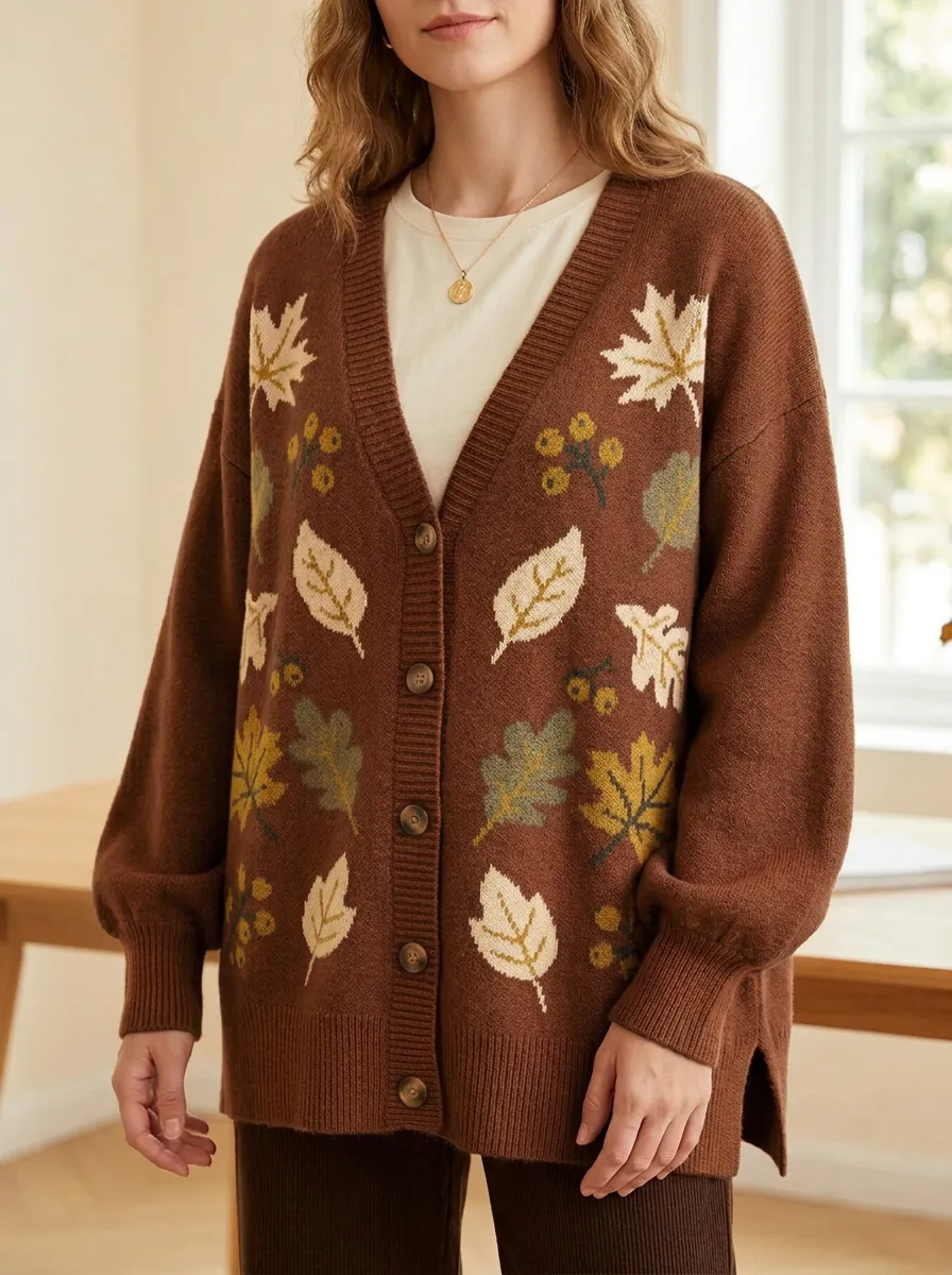Maple Leaf Patterned Women's Knit Cardigan