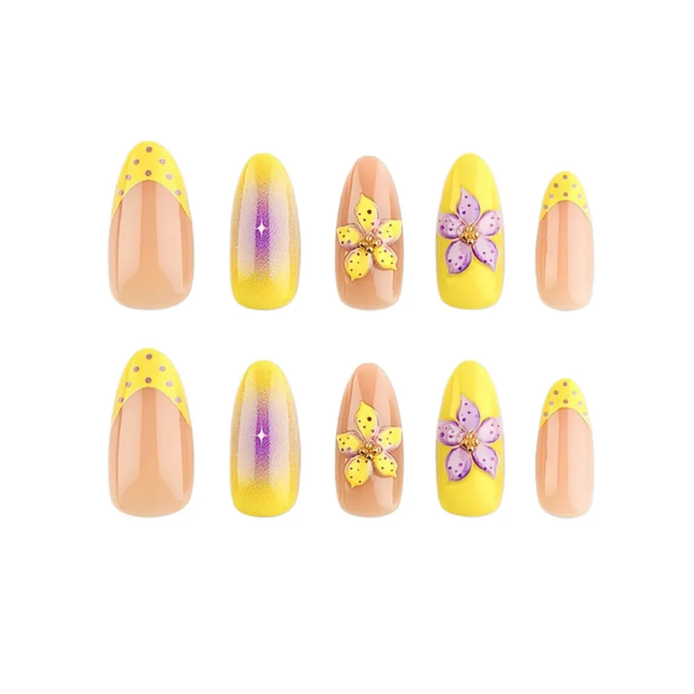 Nailhour 30pcs Yellow Medium Almond French Press On Nails