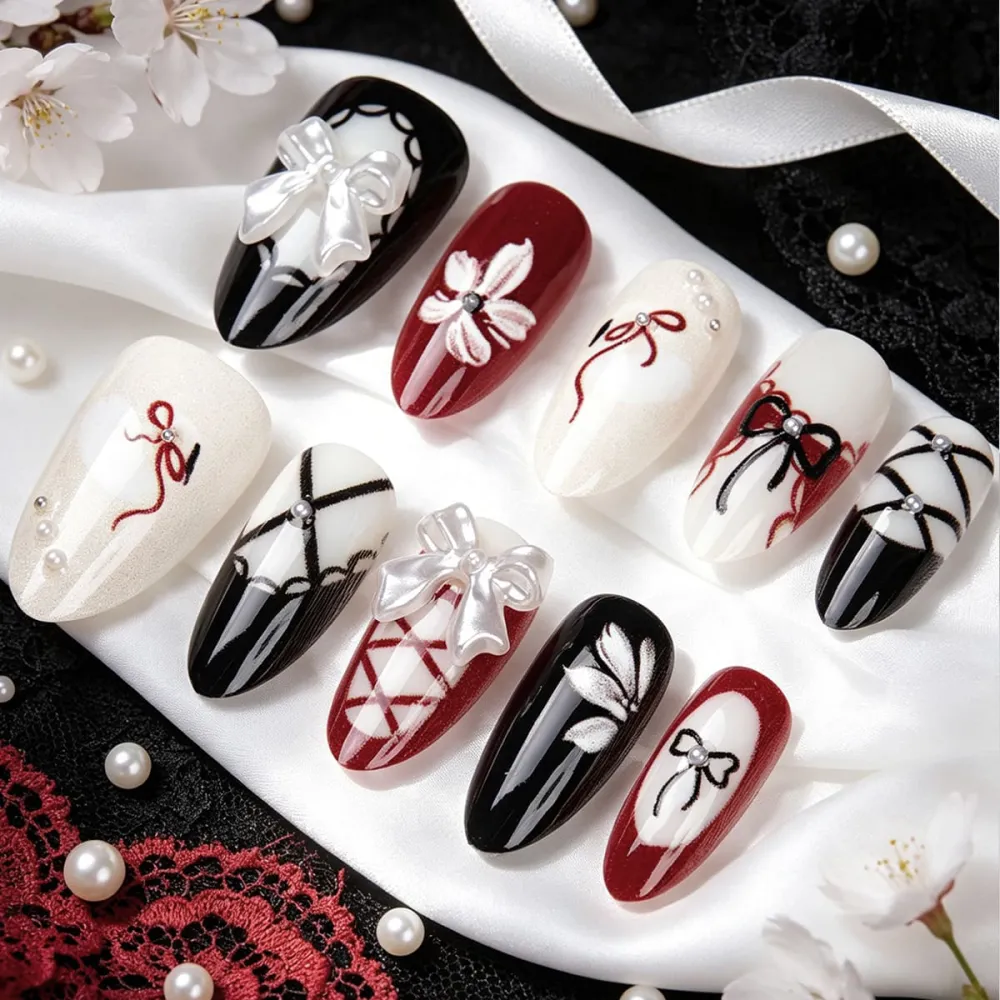 Nailhour 30Pcs Ballet 3D Medium Almond French Press On Nails