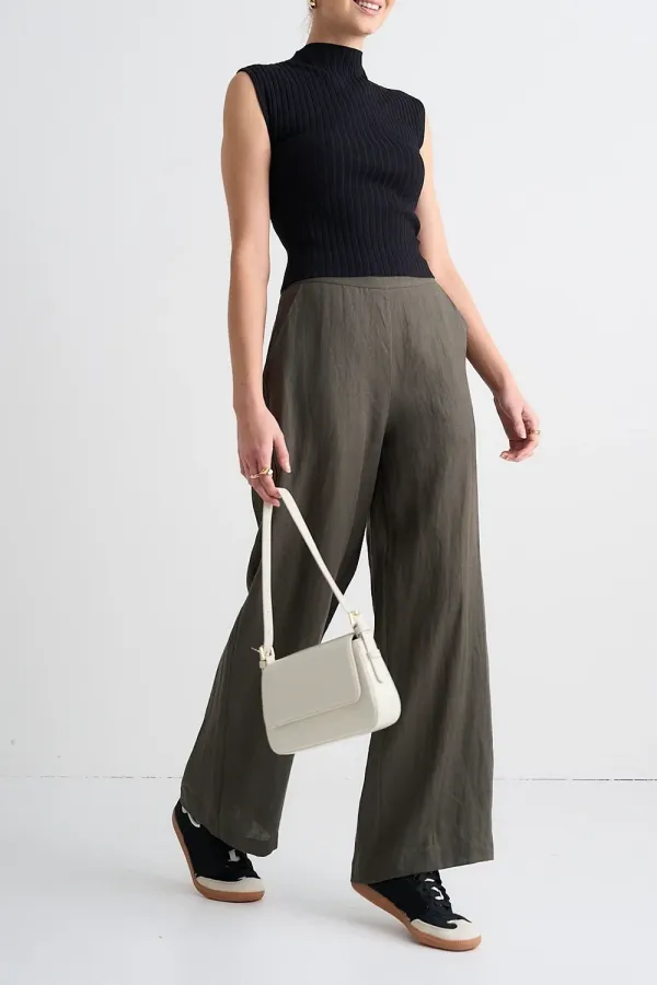 Dark Green Linen Wide - Leg Pants