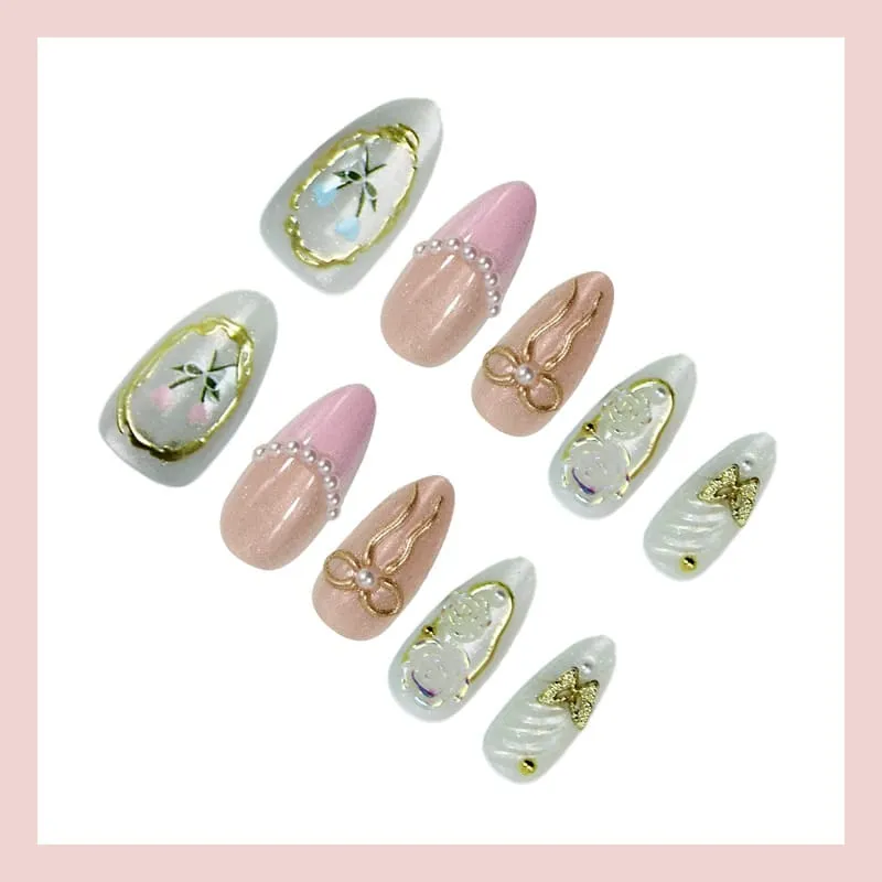 Nailhour 30Pcs Gilded 3D Sweet Medium Almond French Press On Nails