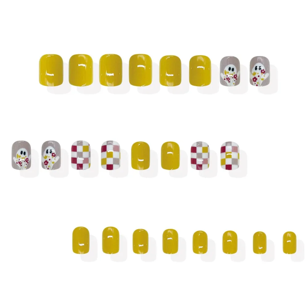 Nailhour 24Pcs Yellow Vintage Ghost Floral Halloween Short Squoval Press On Nails