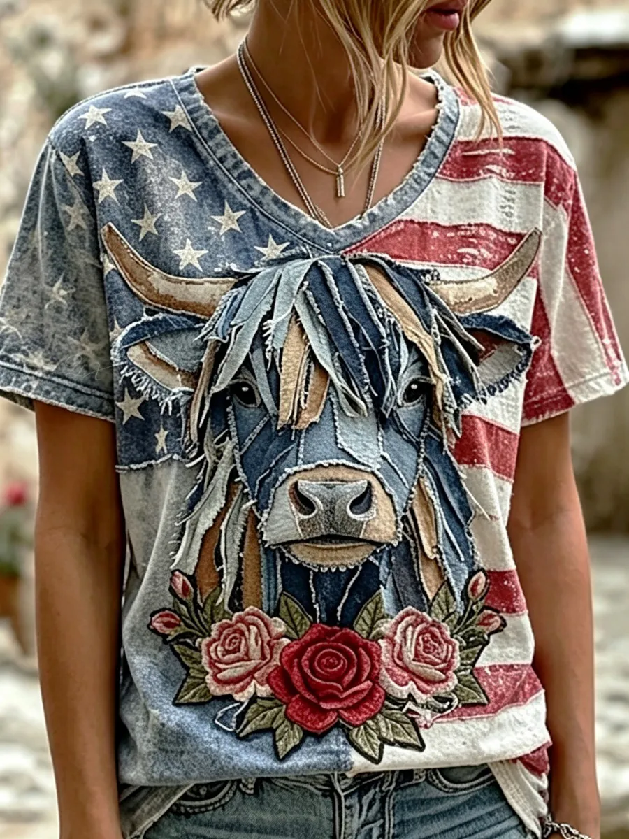 American Flag and Highland Cow Patchwork Design Women's V Neck T-Shirt