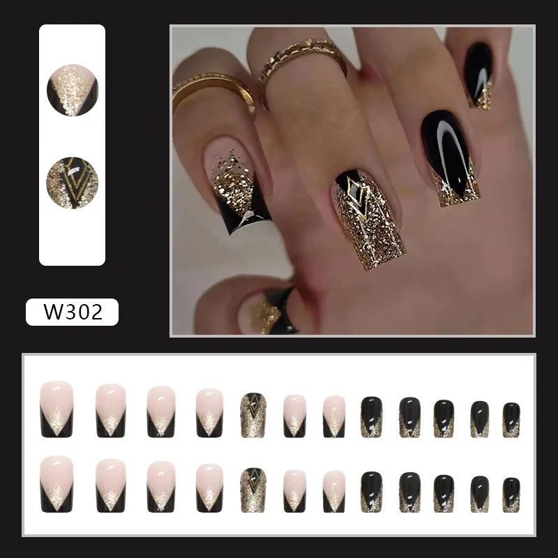 Nailhour Black Glitter Nail Art Square 24Pcs Party Press On Nails