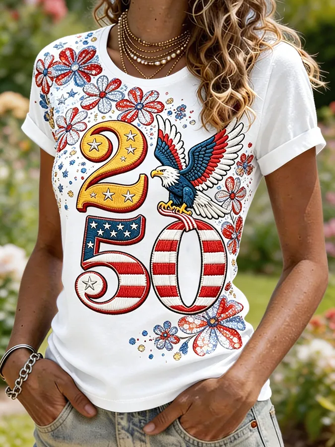 Women's USA 250th Eagle & Flag Embroidered Short Sleeve T-Shirt