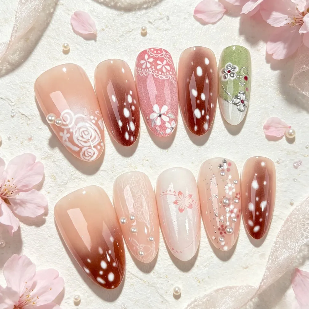 Nailhour 30Pcs Early Autumn Deer Medium Almond Vintage Press On Nails