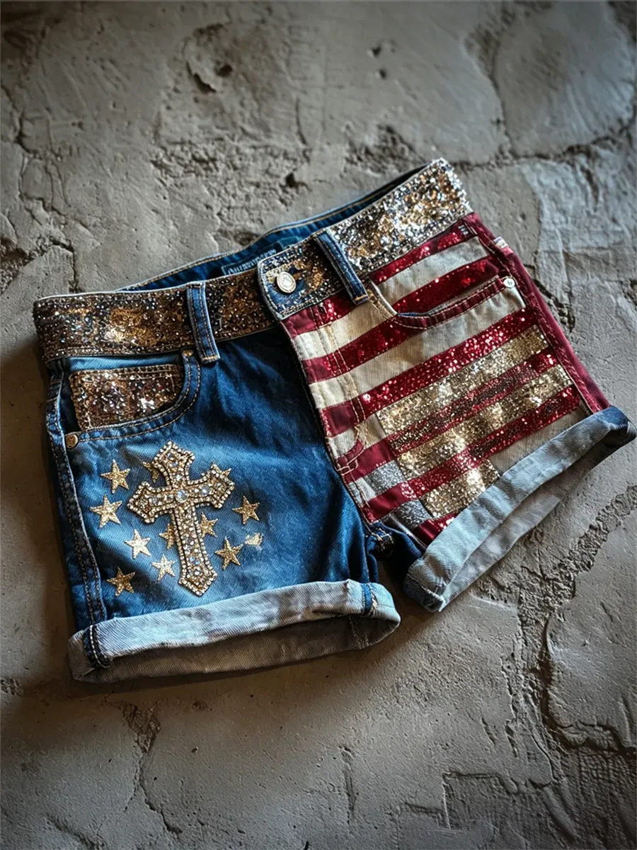 Women's USA 1776-2026 American Flag & Roses Print Shorts