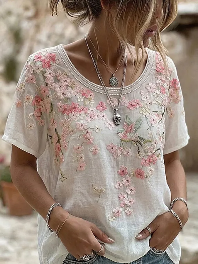 Women's casual floral print cotton and linen round neck top