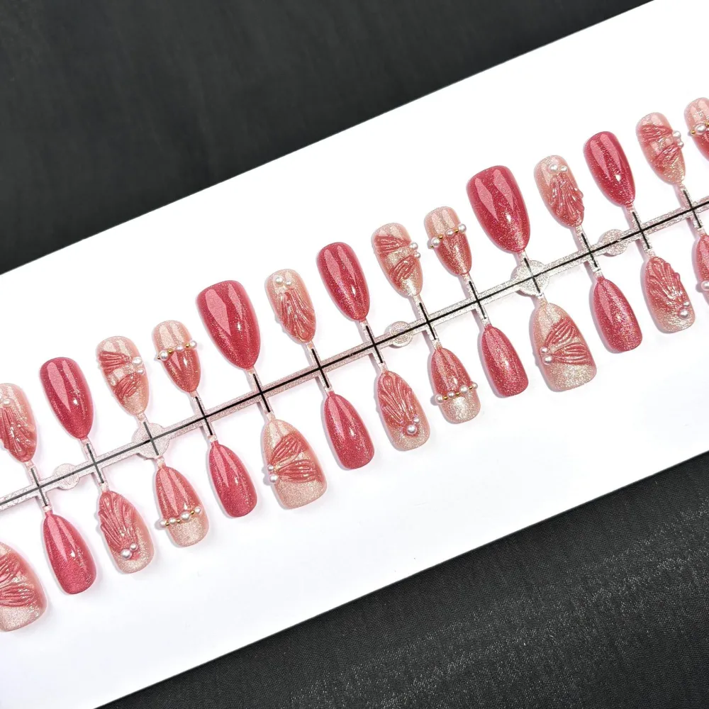 Nailhour 30Pcs 3D Pink Cat Eye Rhinestone Medium Almond Press On Nails