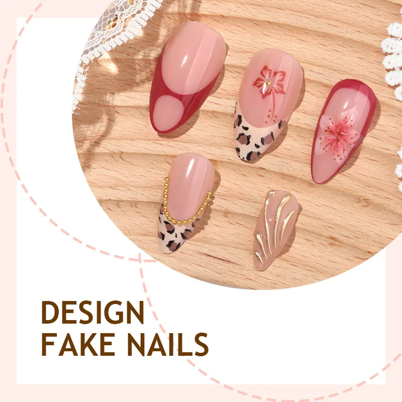 Nailhour 24Pcs Multicolo Leopard French Medium Almond Press On Nails