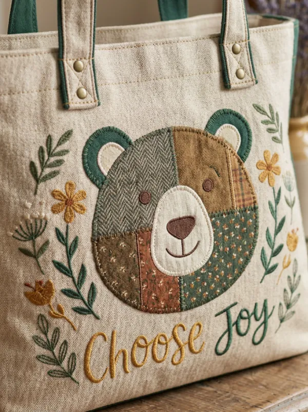 Nature Lover Patchwork Bear Choose Joy Printed Tote Bag