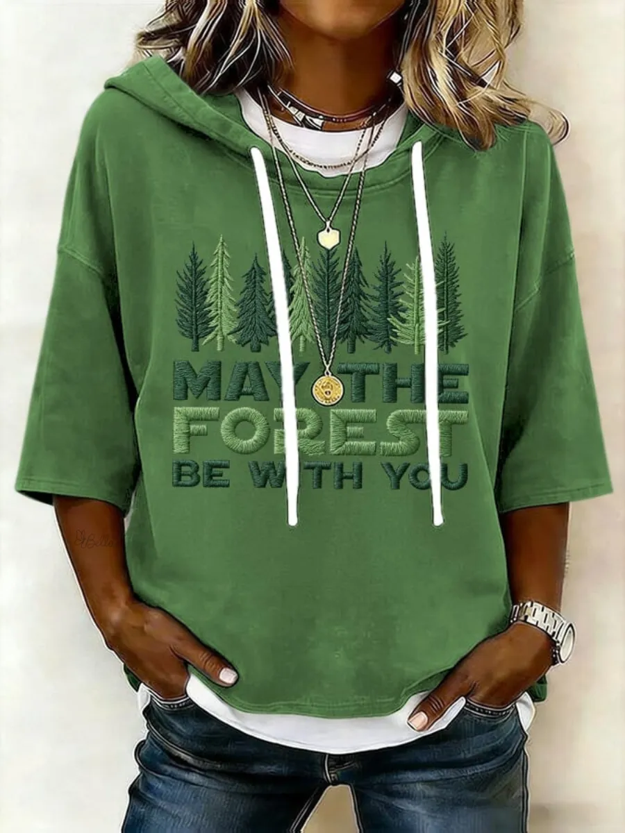 Women's Retro May The Forest Be With You Print Short-Sleeve Hoodie