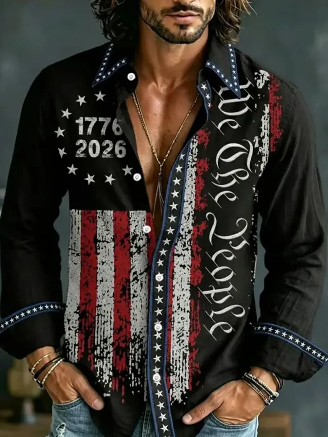 Men'S Retro Independence Day Printed Art Linen Shirt