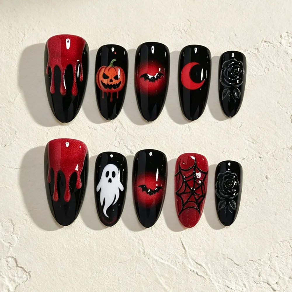 Nailhour 30Pcs Halloween Ghost Handmade Medium Almond Press On Nails
