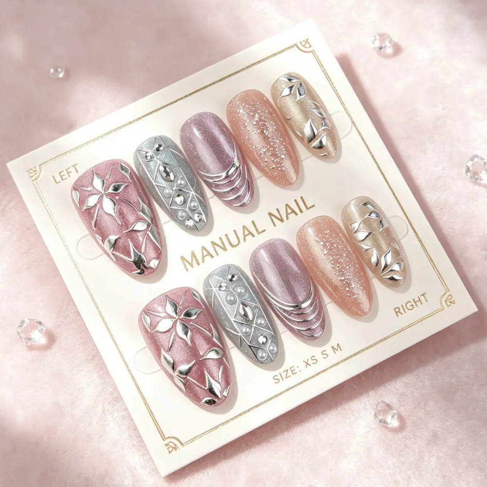 Nailhour 30Pcs Sweet Cat Eye Medium Almond French Press On Nails