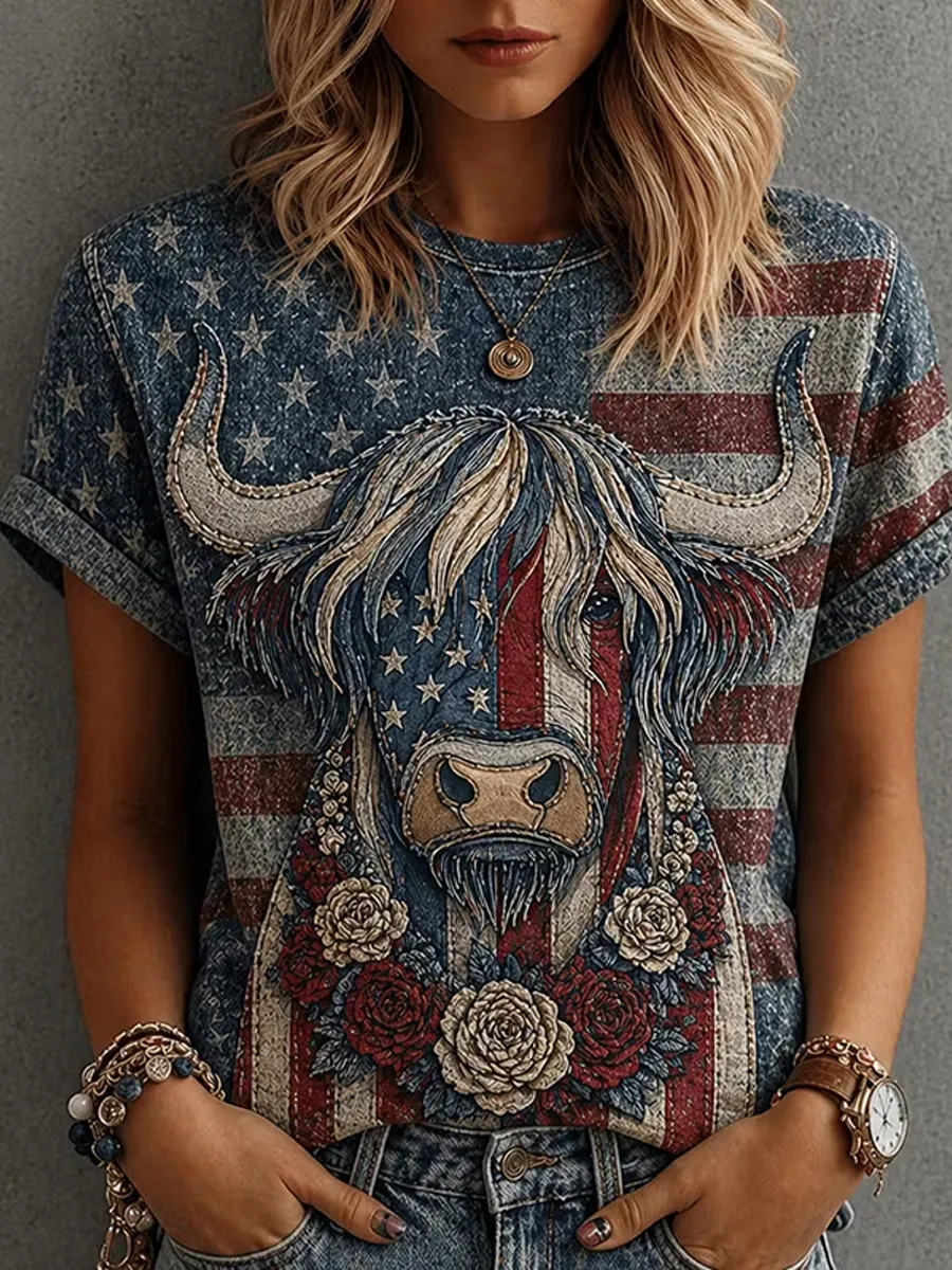 American Flag and Highland Cow Patchwork Design Women's Vintage T-Shirt