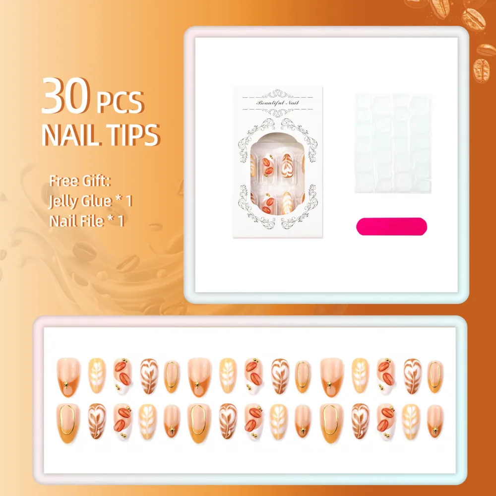 Nailhour 30Pcs 3D Coffee Beans Medium Almond French Press On Nails