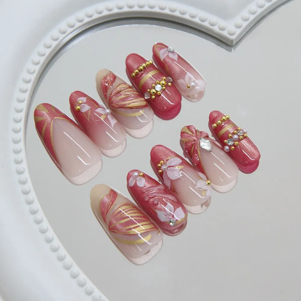 Nailhour 30Pcs Pink Gradient Gilded 3D Cat Eye Medium Almond Press On Nails