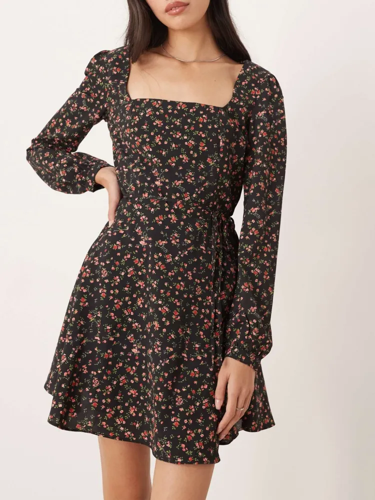 Floral Square Neck Casual Dress